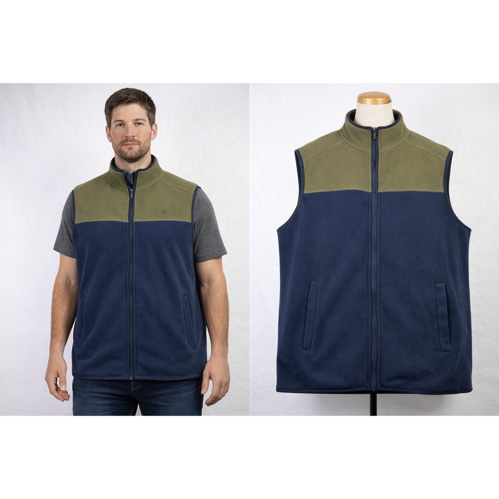 Brooks Brothers Mens 2XL Fleece Vest Colorblock Navy Blue Olive Green Full Zip
